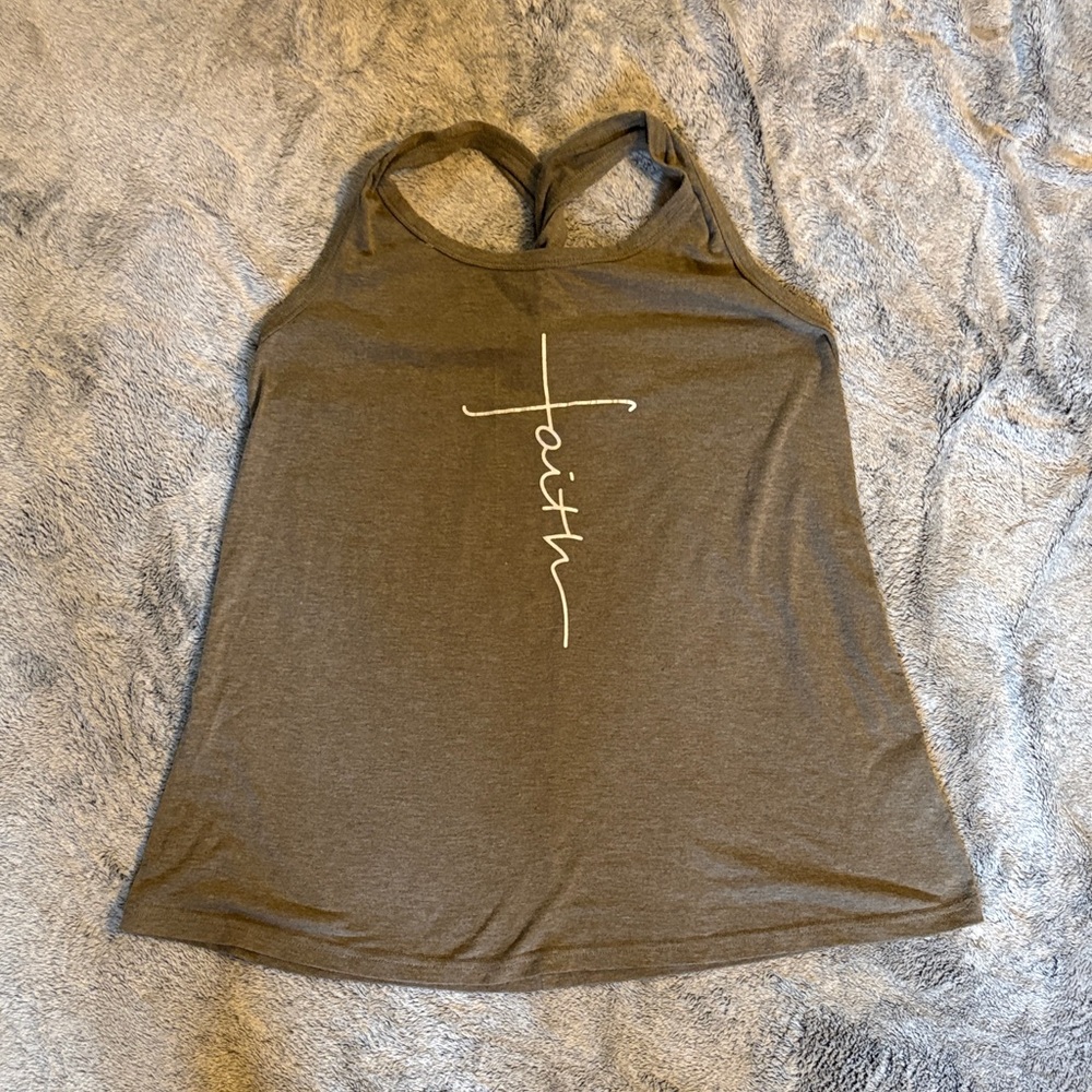 Faith Graphic Women's Army Green Tank Top Twisted Halter Back Medium